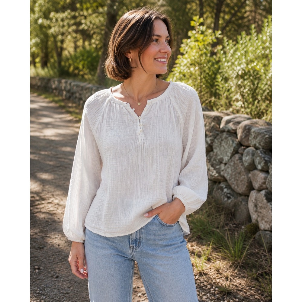 Gauze Henley Top Womens XL White Coastal Airy Cottagecore Boho Minimalist Beachy